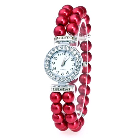 Red Faux Pearl Stretch Band Watch - Picture 3 of 3